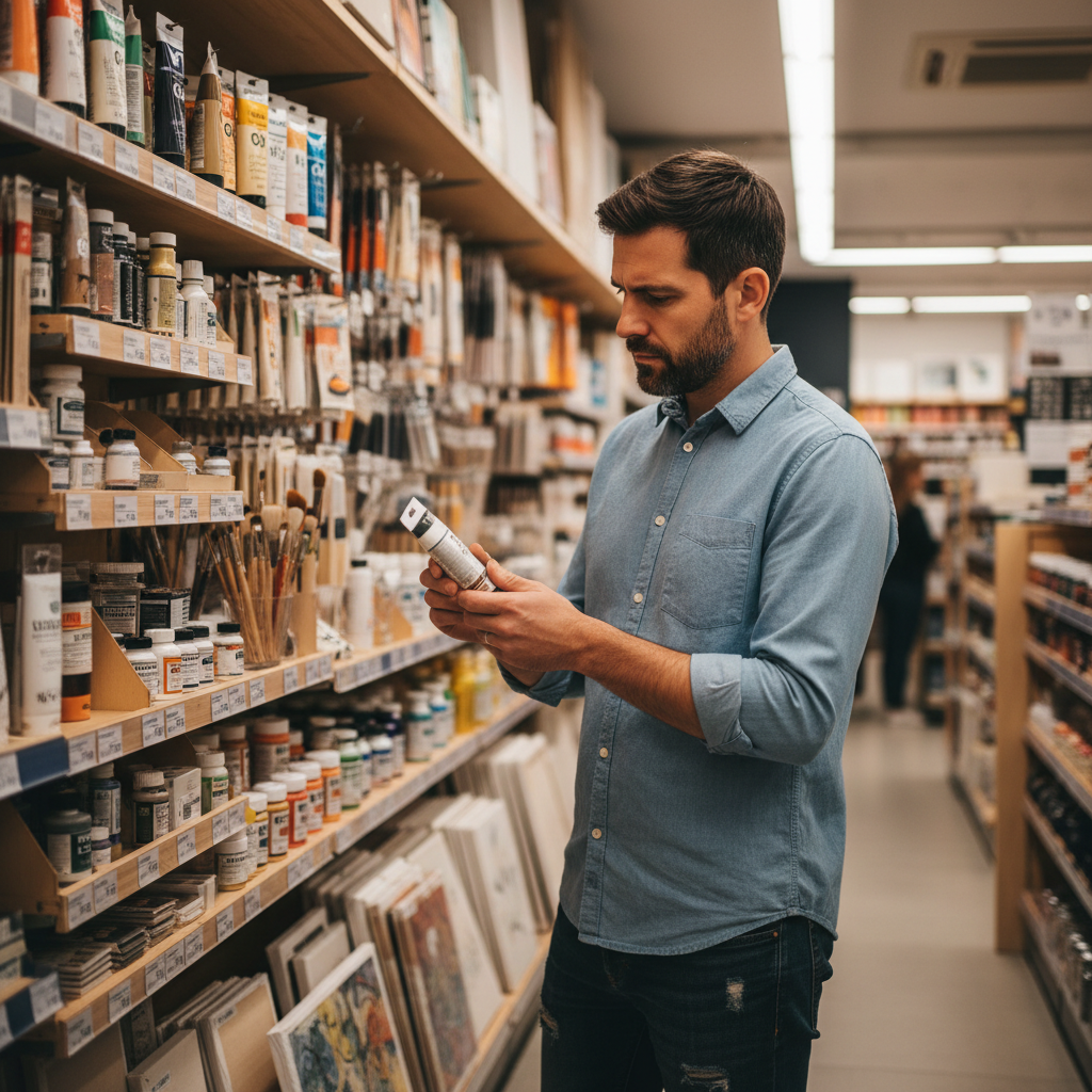 Marcus Osei-Bonsu, craft shop owner in his 30s, standing in front of art supply shelving