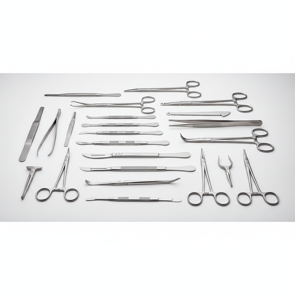 Medical surgical instruments made of stainless steel arranged on sterile surface in hospital