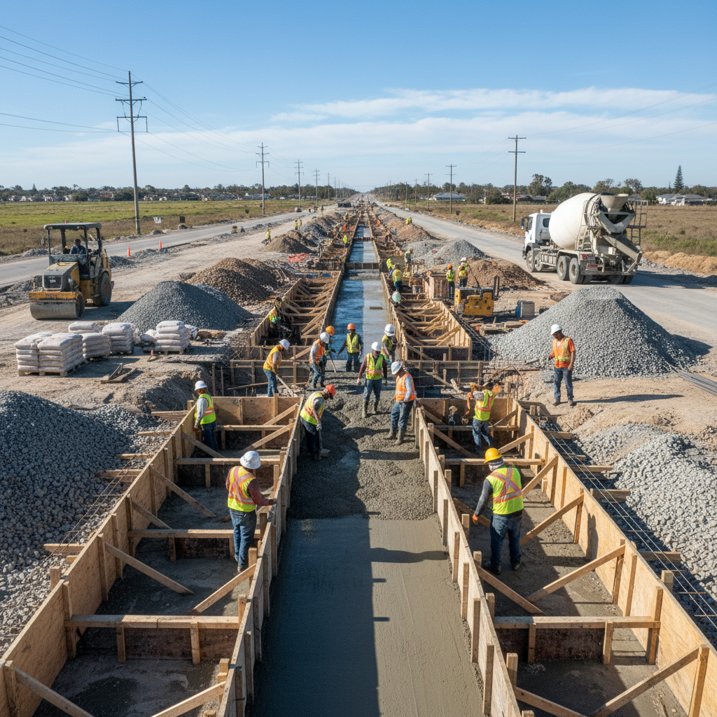 Road drainage channel construction, bright worksite, concrete channels, daytime infrastructure