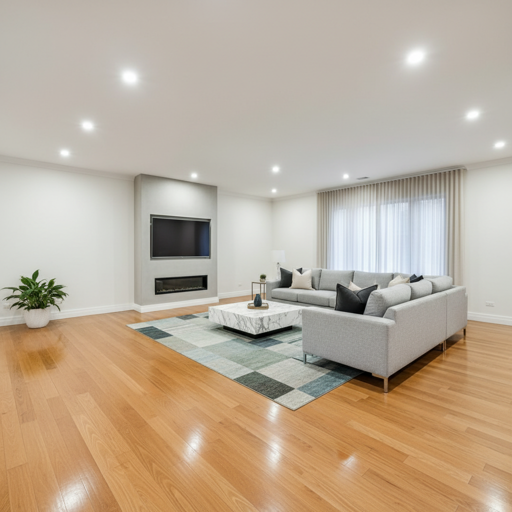 Modern recessed LED lighting installed in a clean white ceiling in a bright contemporary room