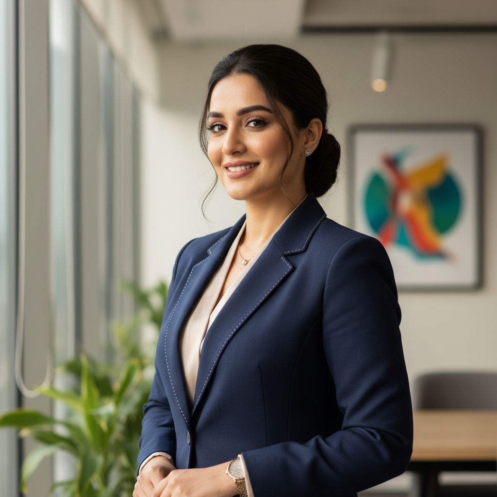 Professional Pakistani woman in business attire with warm smile against modern office background