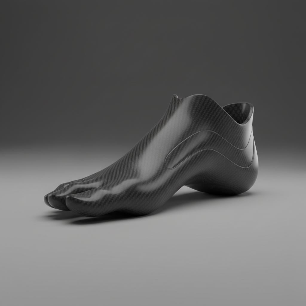 Post-surgical patient foot with orthotic shell showing pressure redistribution zones