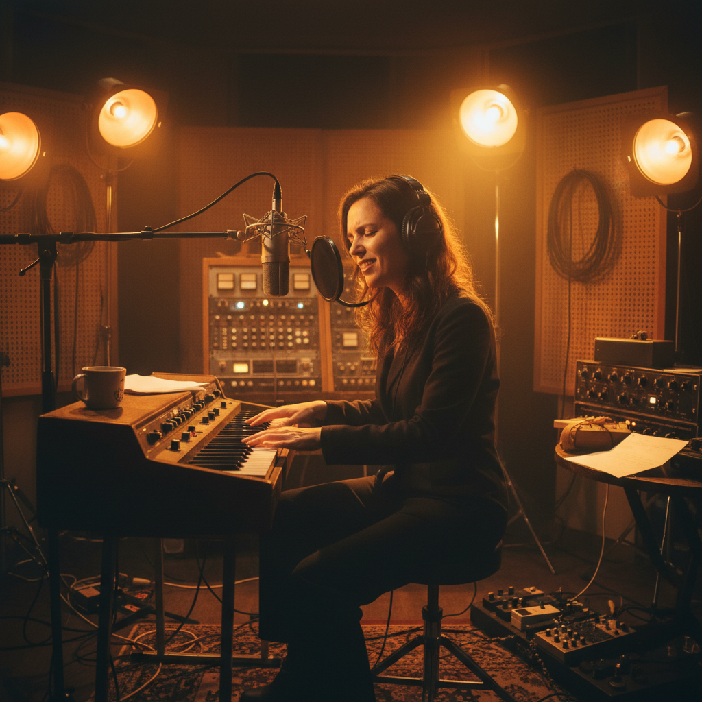 Priya Venkataraman in a late-night studio recording session with warm lighting