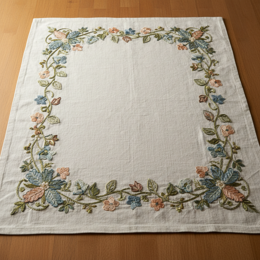 Cream hand-embroidered linen tablecloth with botanical border stitching