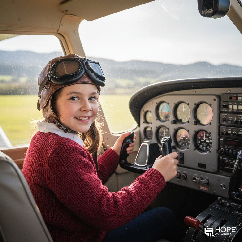 A young girl wearing a pilot hat and red sweater sitting in the cockpit of an airplane holding the control yoke — career exploration activity at Hope Resilience Academy