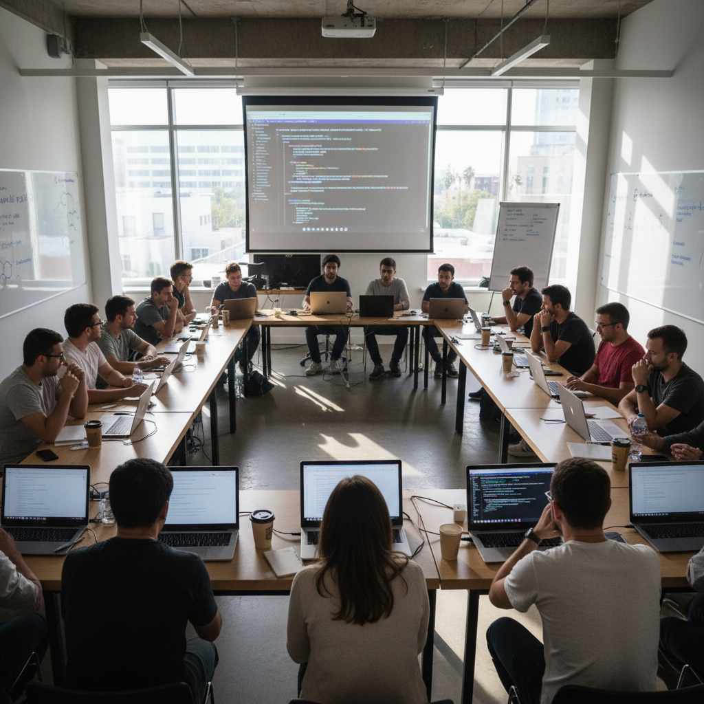 Developer workshop session, dark room with glowing laptop screens, focused attendees in rows, low ambient blue lighting, atmospheric tech environment