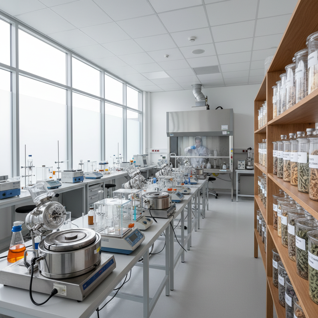 Complex pharmaceutical formulation development laboratory with analytical equipment