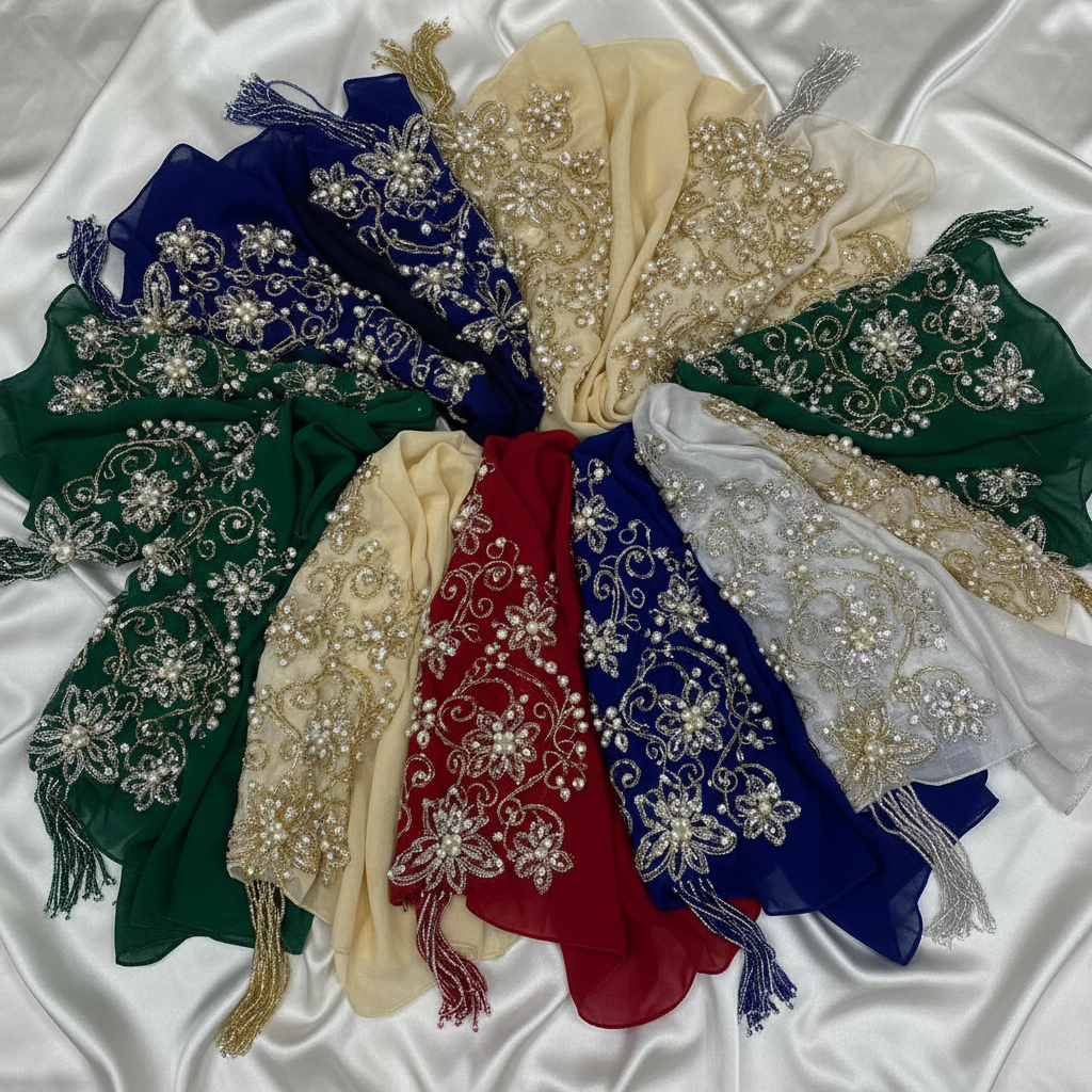 Luxurious silk hijab in soft champagne color with delicate gold threading and hand-finished edges