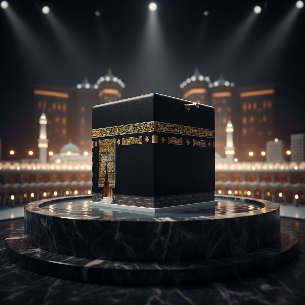 La Kaaba building set premium model, black cubic structure, dramatic architectural photography