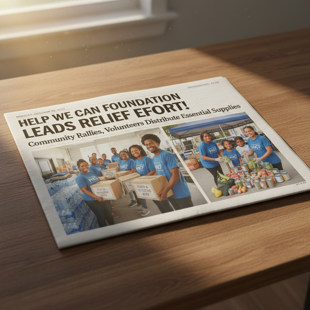 Newspaper article featuring volunteers distributing medical supplies to elderly community members