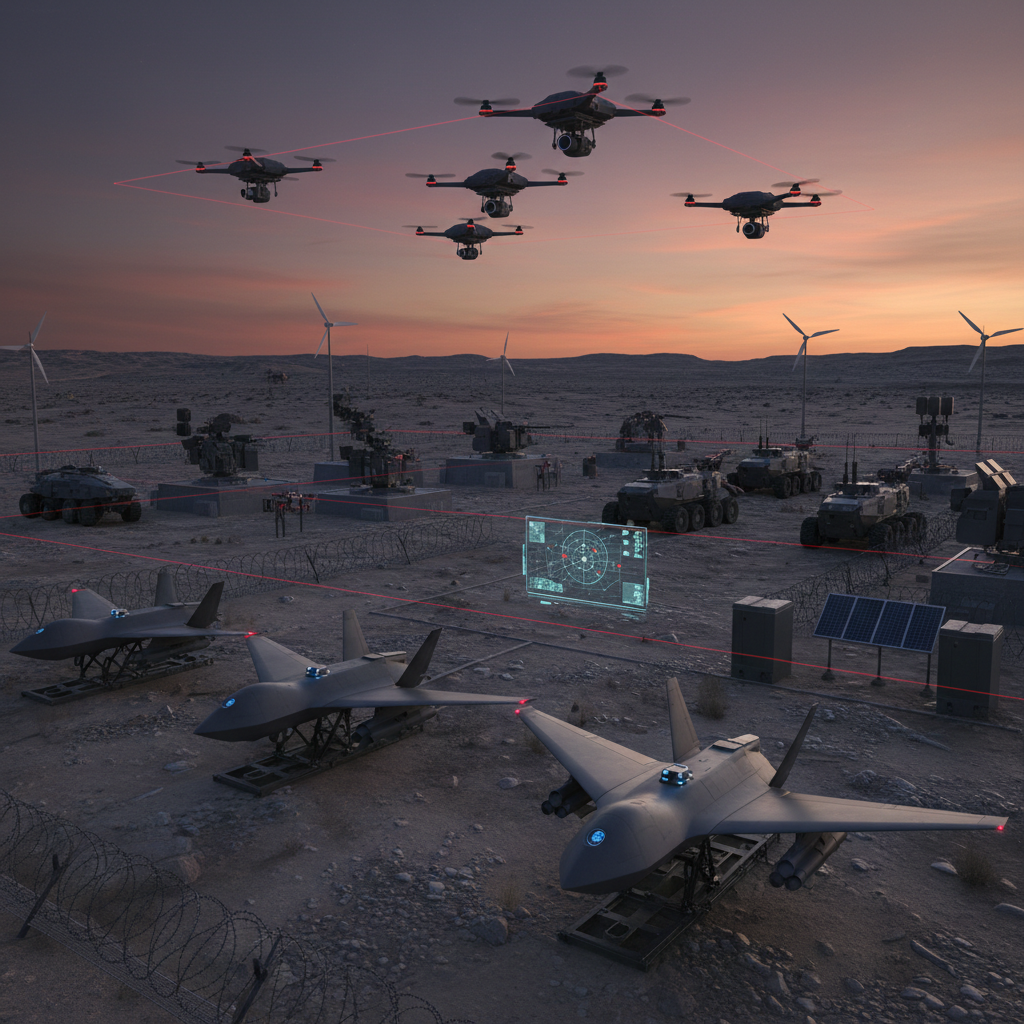 Military surveillance drone monitoring desert border terrain at dusk with vast dark landscape