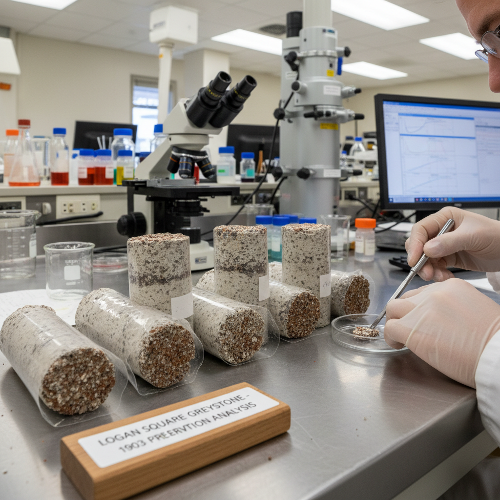 Historic mortar core samples from 1903 Logan Square greystone being analyzed for preservation specification