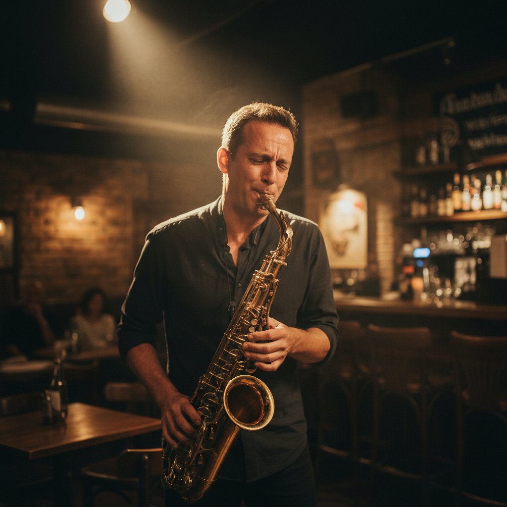 Jazz musician playing saxophone under warm amber stage lighting in an intimate café setting