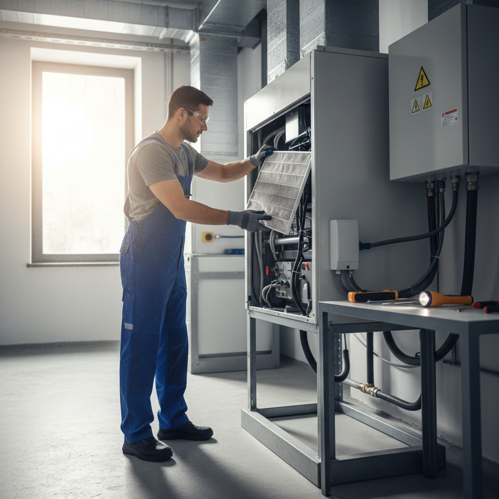 Cleanroom maintenance technician performing HEPA filter inspection, system diagnostics, and preventive maintenance with specialized tools and monitoring equipment for optimal cleanroom performance