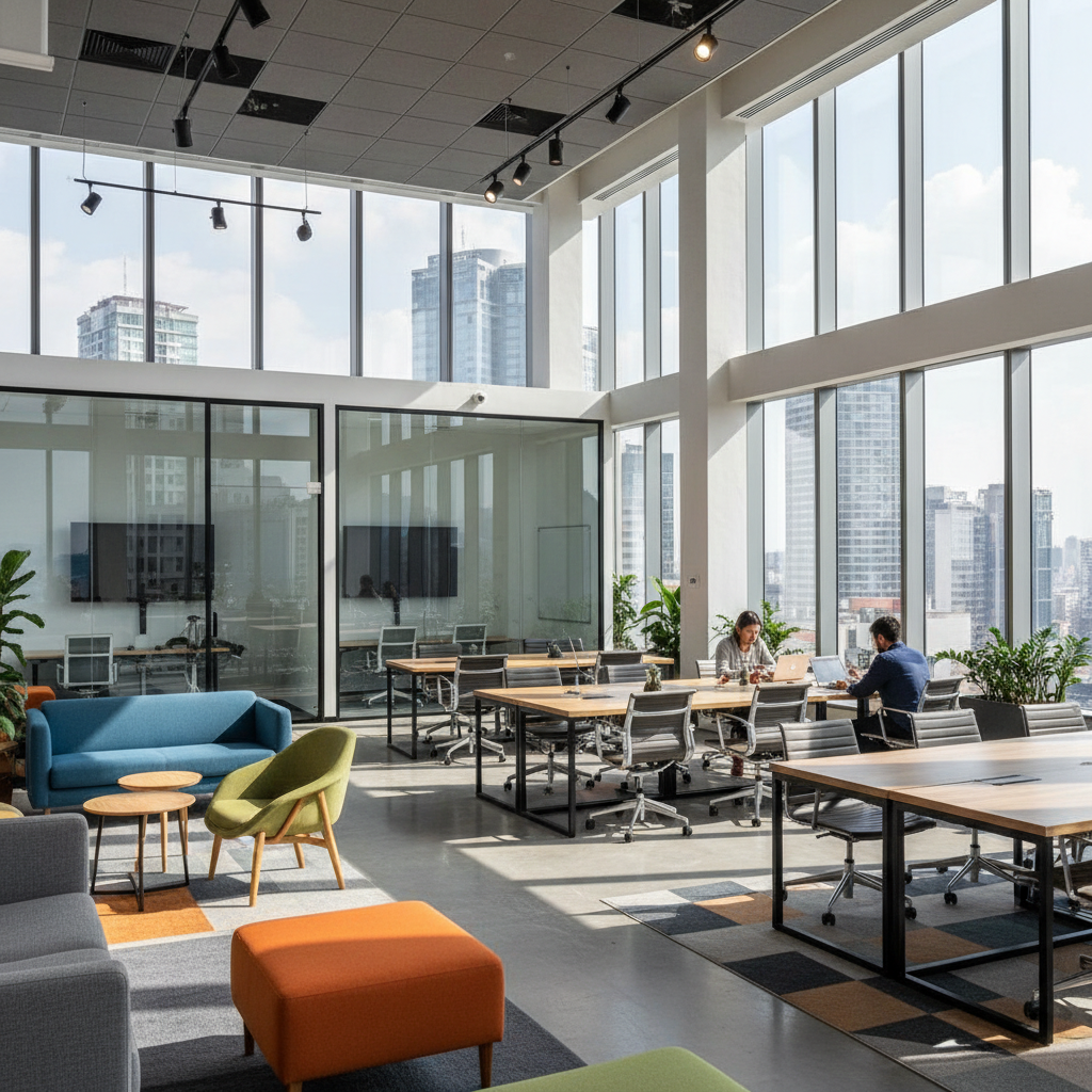Open coworking space with rows of desks and large windows letting in natural light