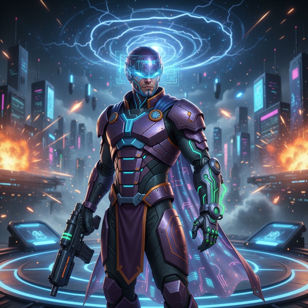 Futuristic warrior outfit with orange and gold armor plating, action hero pose in bright environment