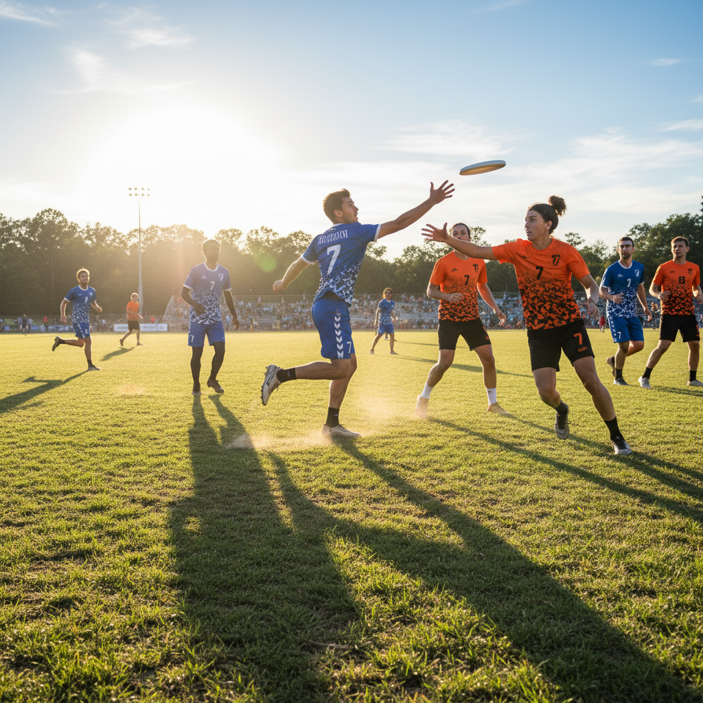 College ultimate frisbee team huddling on a grass field in matching jerseys before a tournament game