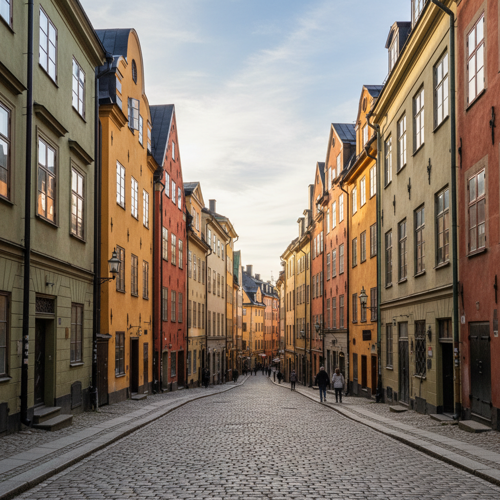 Stockholm old town waterfront at sunset, colorful historic buildings on Gamla Stan island