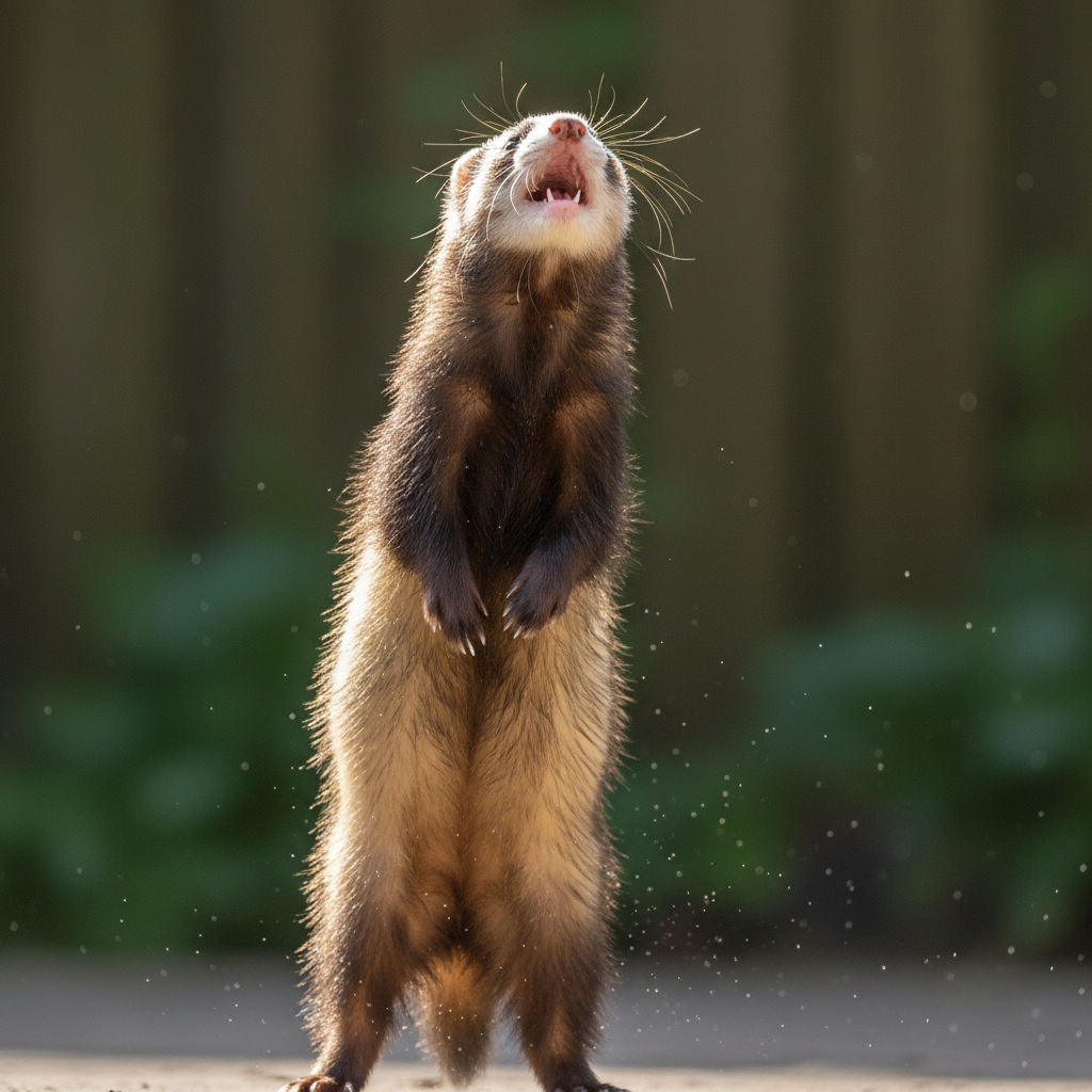 Action ferret session — ferret mid-leap, all four paws off the ground, caught at the peak of a dook dance
