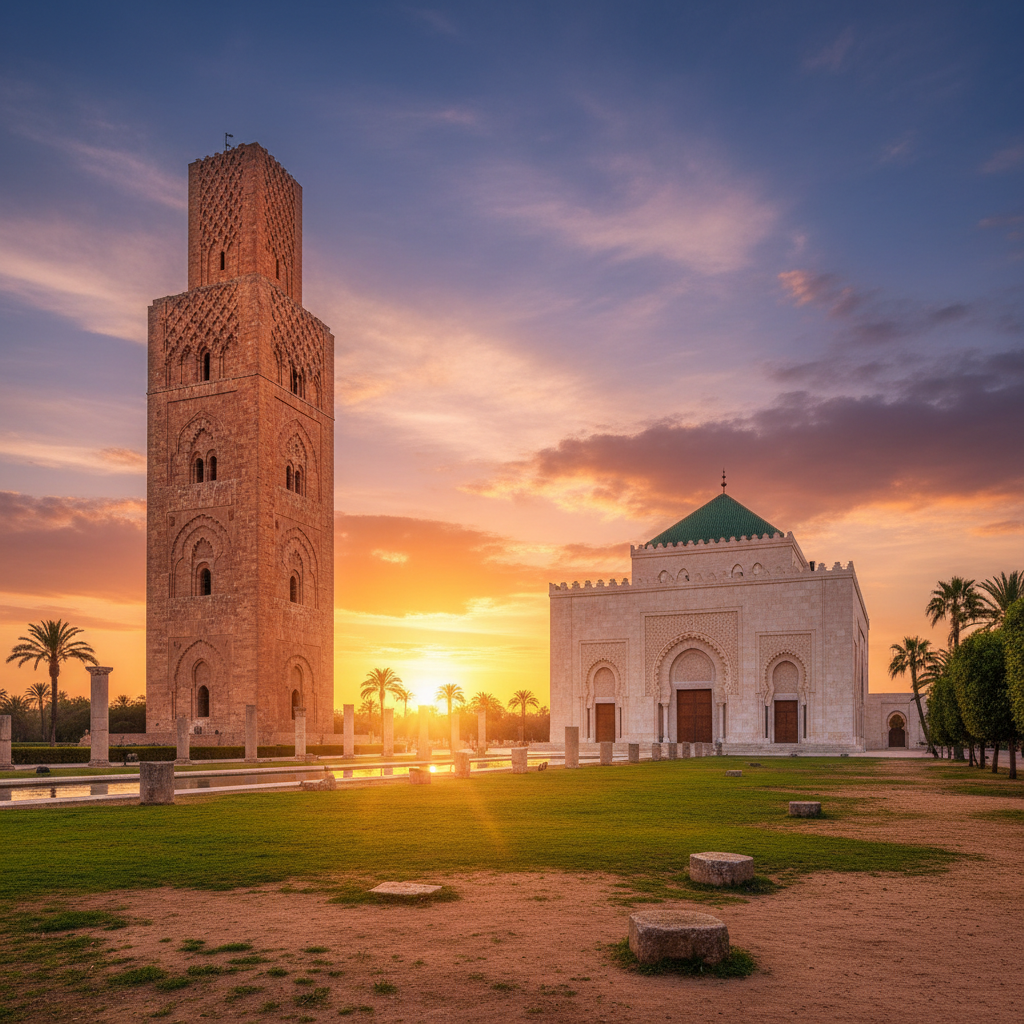 Rabat Hassan Tower and Mausoleum of Mohammed V in Morocco's elegant royal capital city
