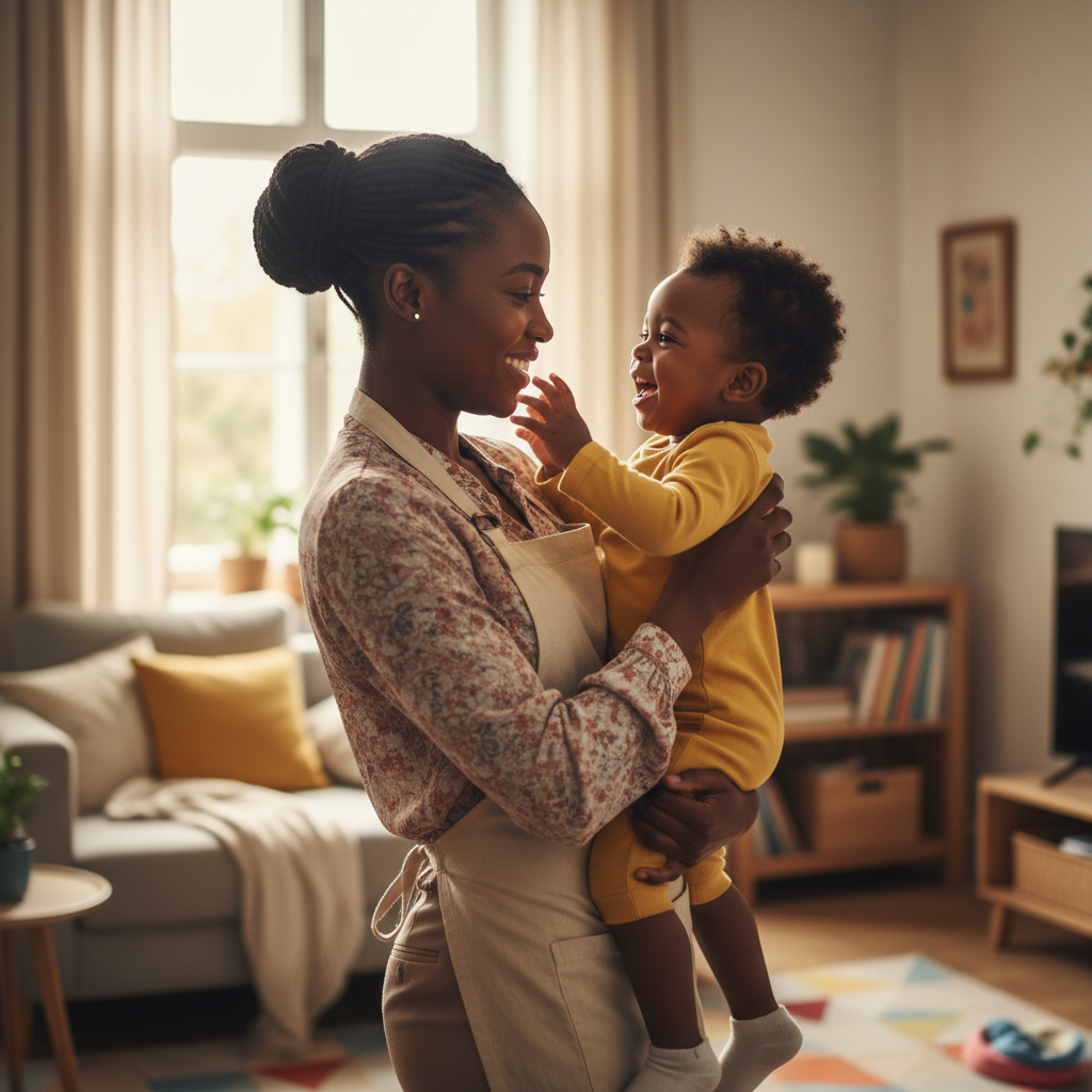 Nounou africaine professionnelle et bienveillante s'occupant d'un enfant à domicile Abidjan