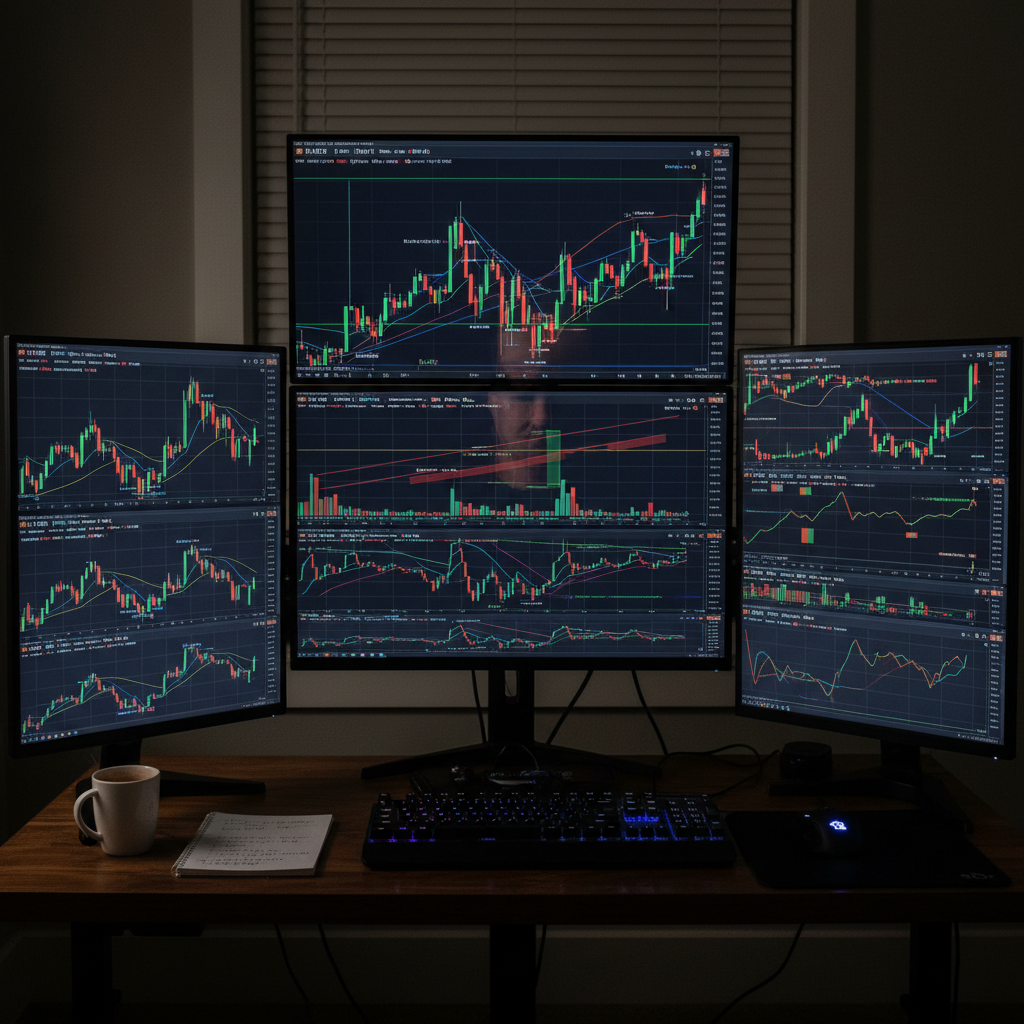 IT специалист в темной комнате работает за несколькими мониторами с системами мониторинга