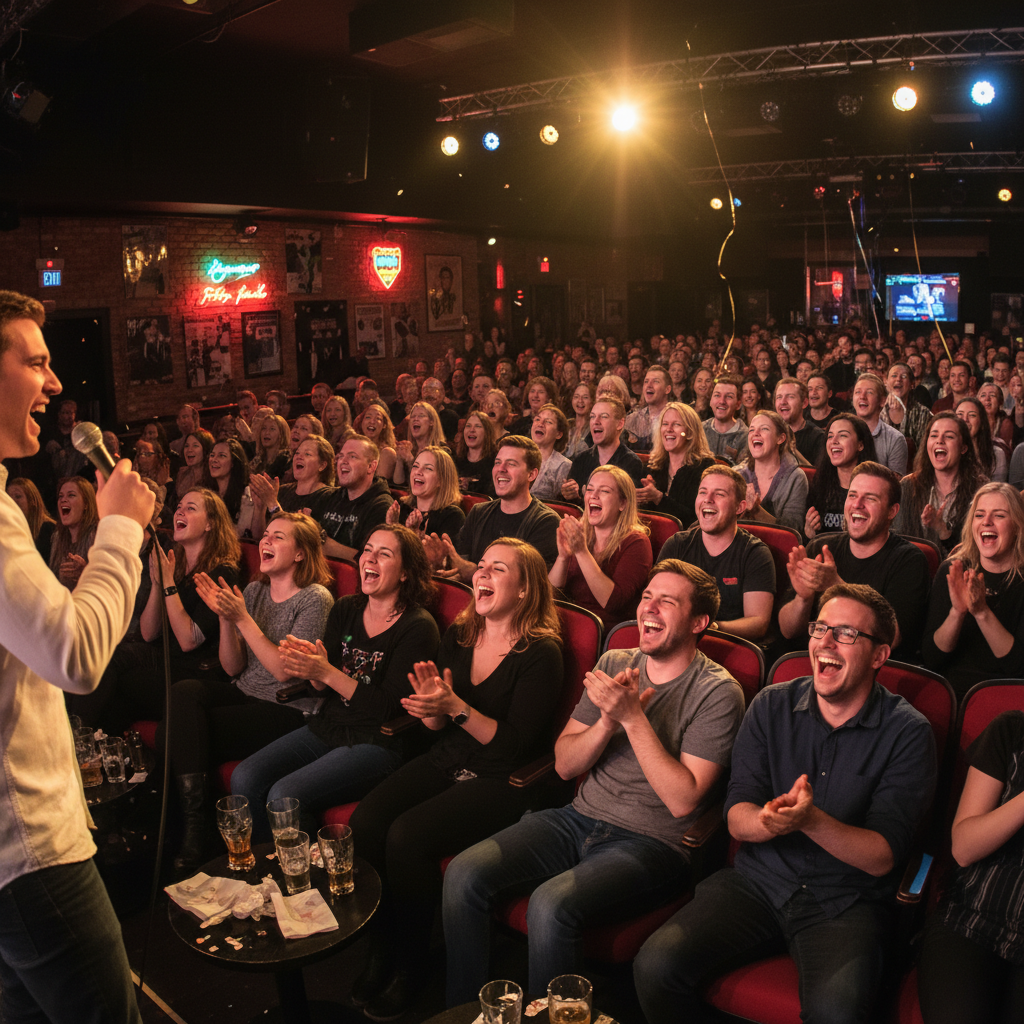 Comedian performing on a brightly lit stage in front of a laughing audience in a darkened comedy club