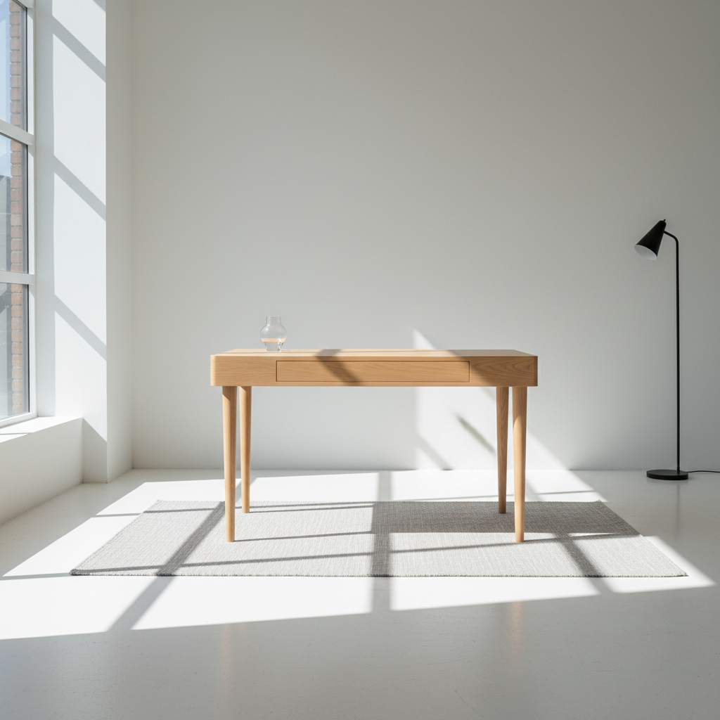Hard maple writing desk with pale smooth top, minimal design, home study setting