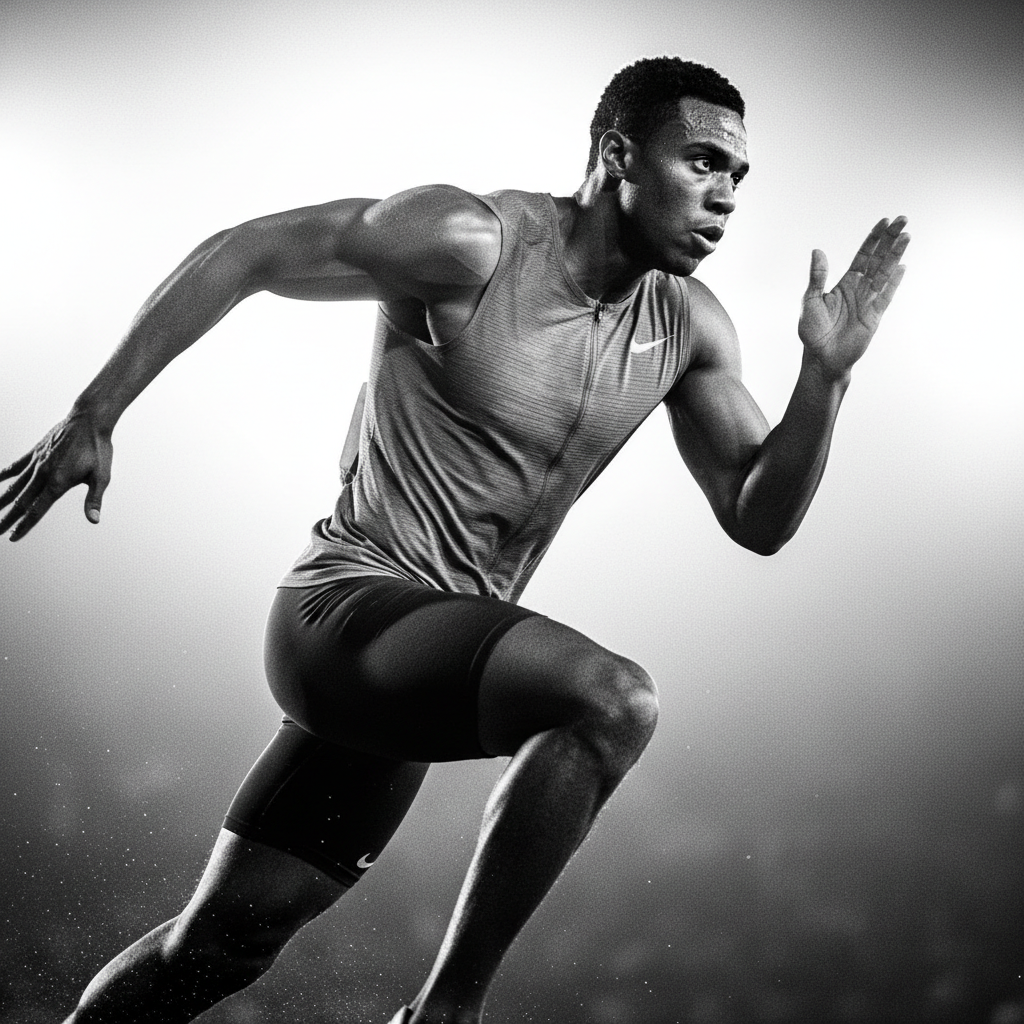 Elite athlete mid-motion, waist-up portrait with arena lights blown out behind, high contrast black and white