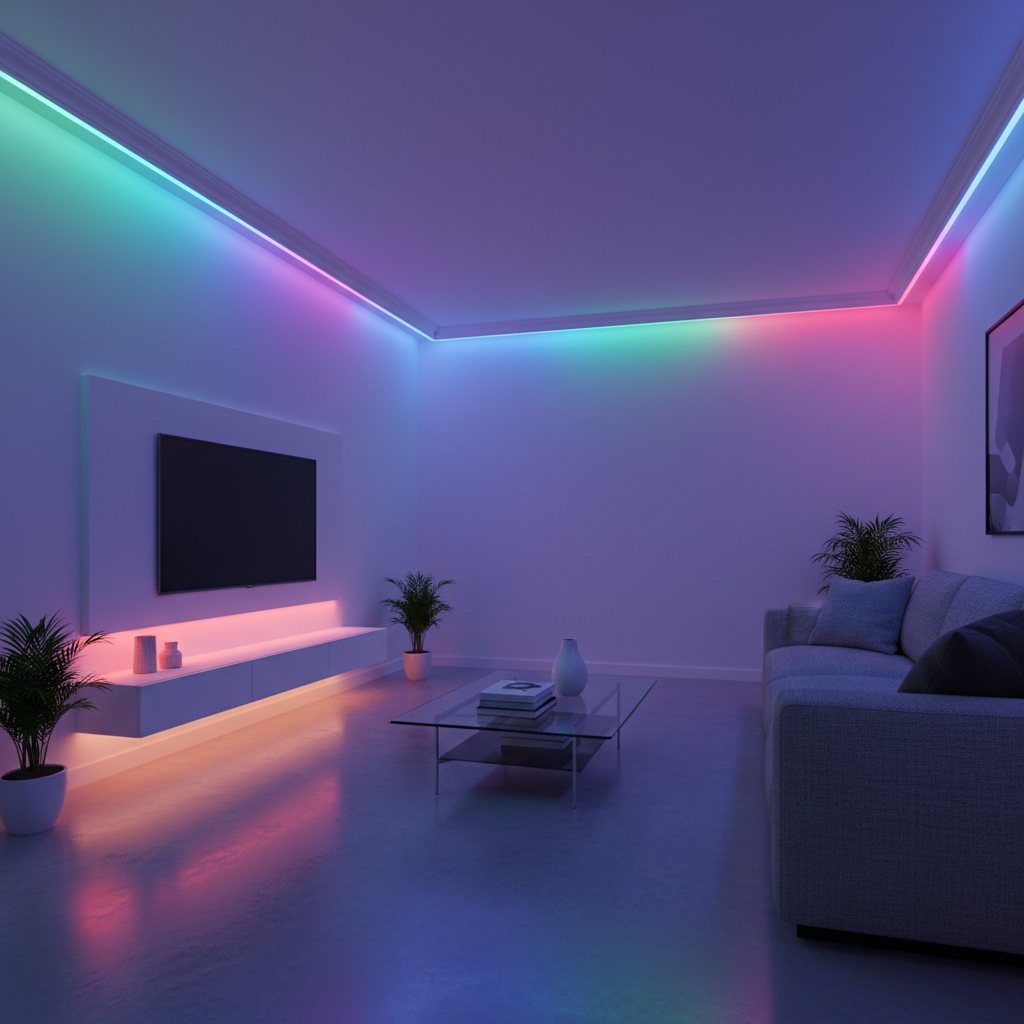 Modern home living room with recessed LED lighting installation complete