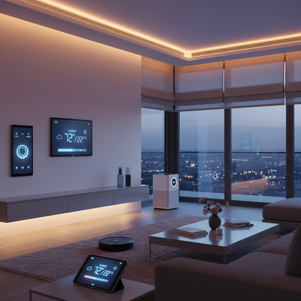 Modern smart home living room with automated lighting, sleek dark interior, warm ambient glow from smart light fixtures