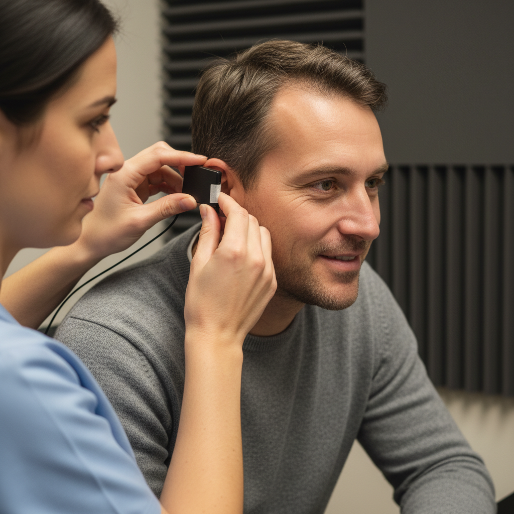 Audiologist placing bone conduction oscillator behind patient's ear in a sound booth, patient expression relaxed and mid-conversation
