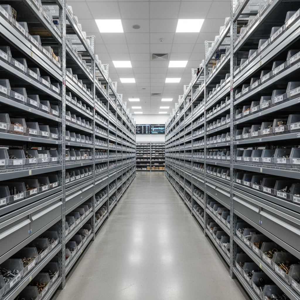 Industrial warehouse with organized shelving and precision engineering components in well-lit professional storage facility