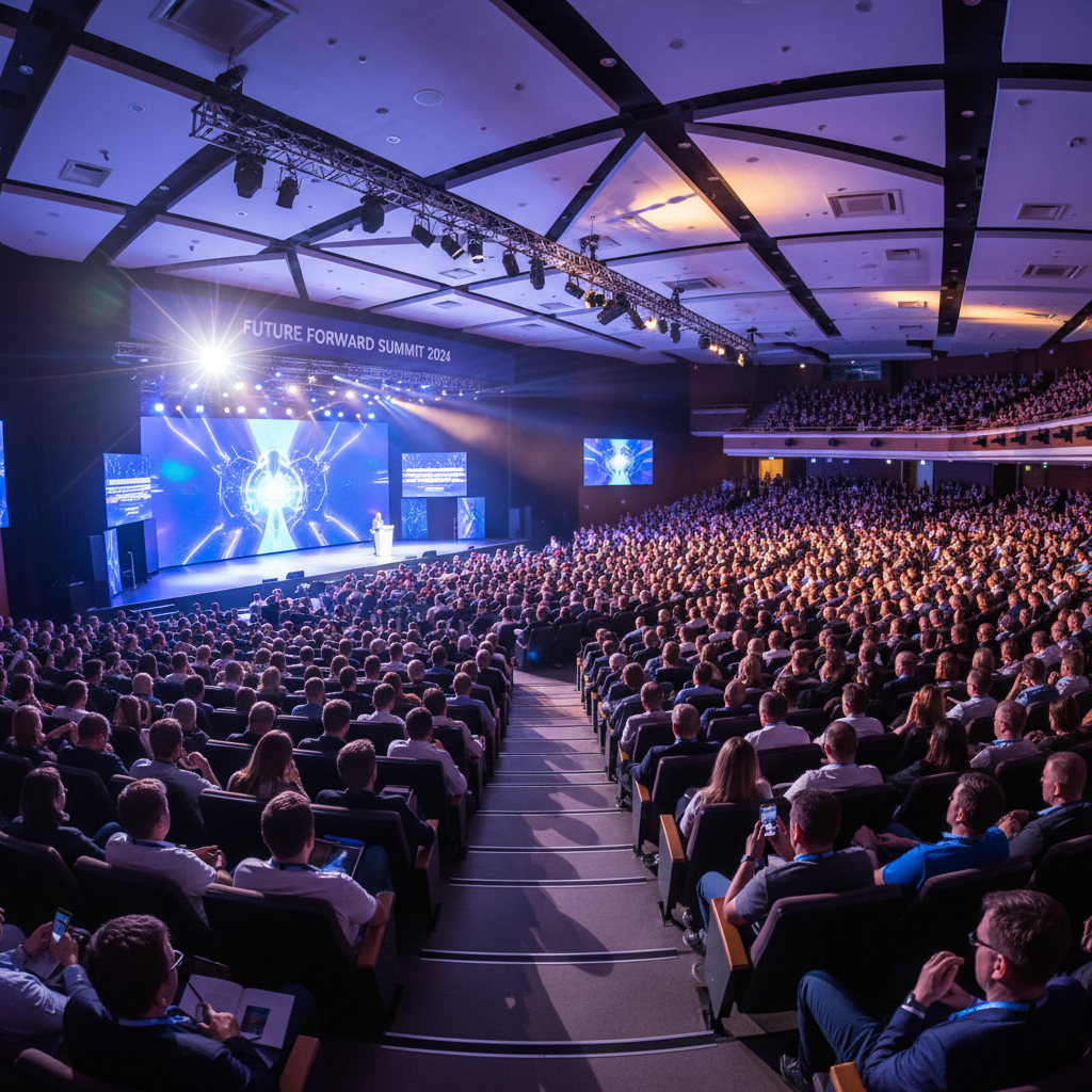 Large conference stage with dramatic spotlights cutting through dark atmospheric haze at a corporate summit