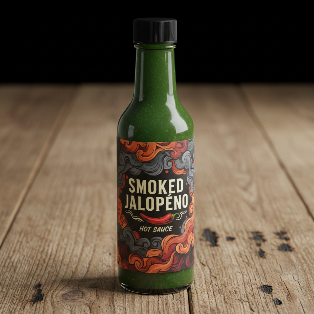 Dark green jalapeño hot sauce bottle with smoky label design on rustic background