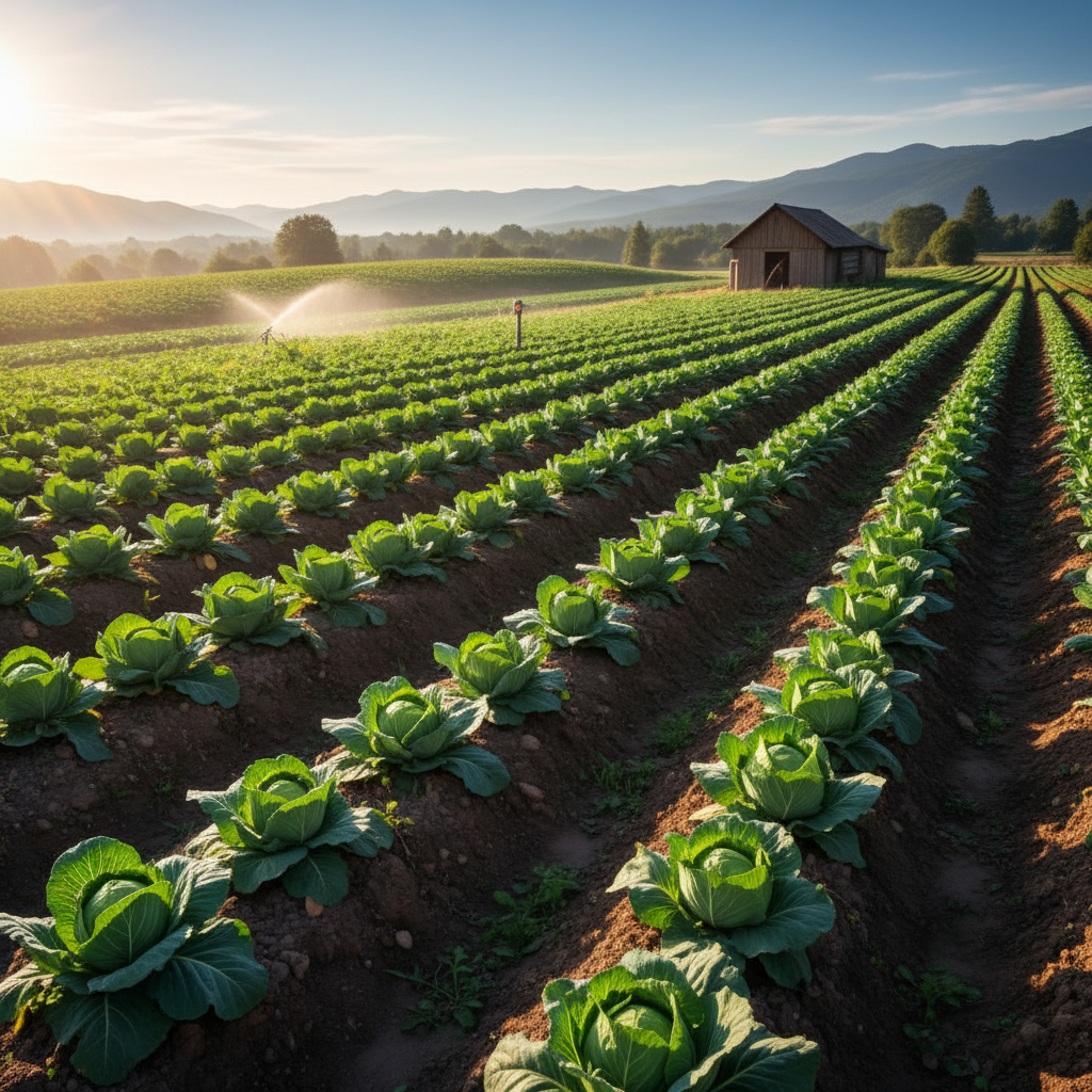 Lush green agricultural field with rows of healthy crops under golden sunlight, sustainable organic farming landscape in Africa