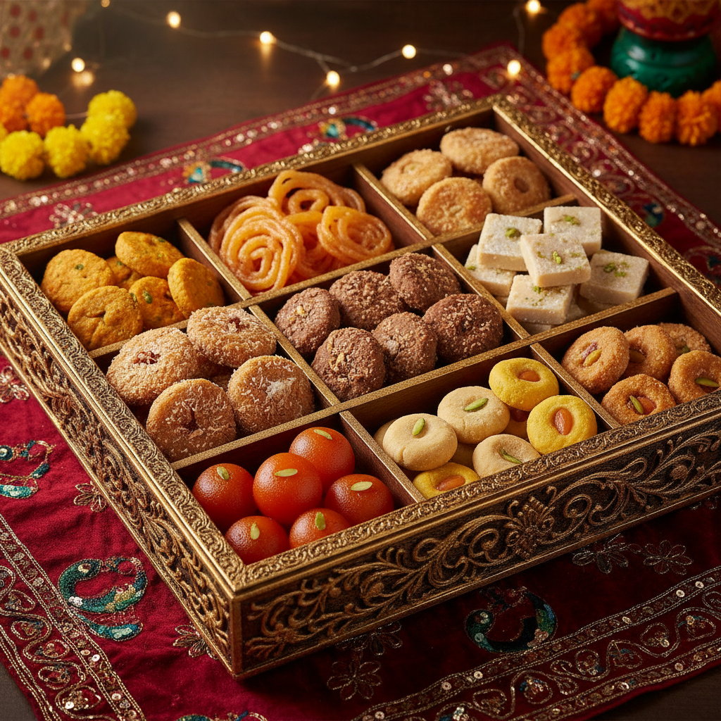 Colorful festive Indian sweets in decorative boxes with marigold flowers