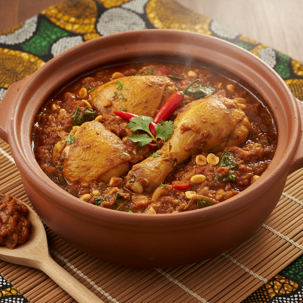 Groundnut stew with tender chicken pieces in a clay pot