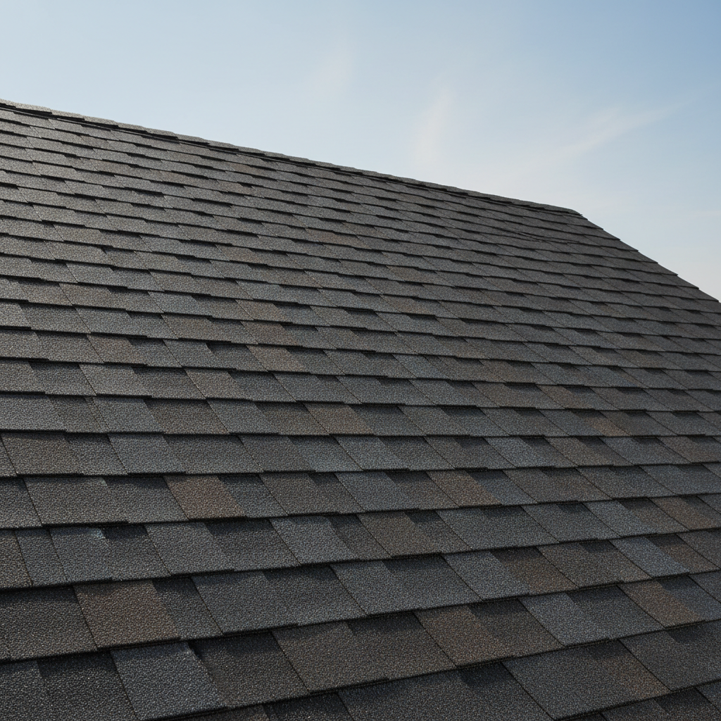 Residential home with newly installed brown asphalt shingle roof, suburban Calgary neighbourhood, clear blue sky