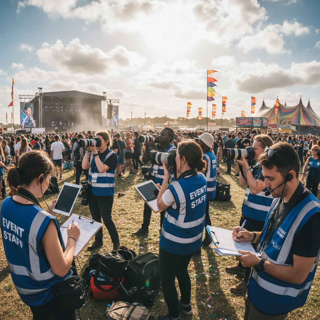 Event steward in high-visibility yellow vest managing crowd flow at a busy outdoor festival with large audience