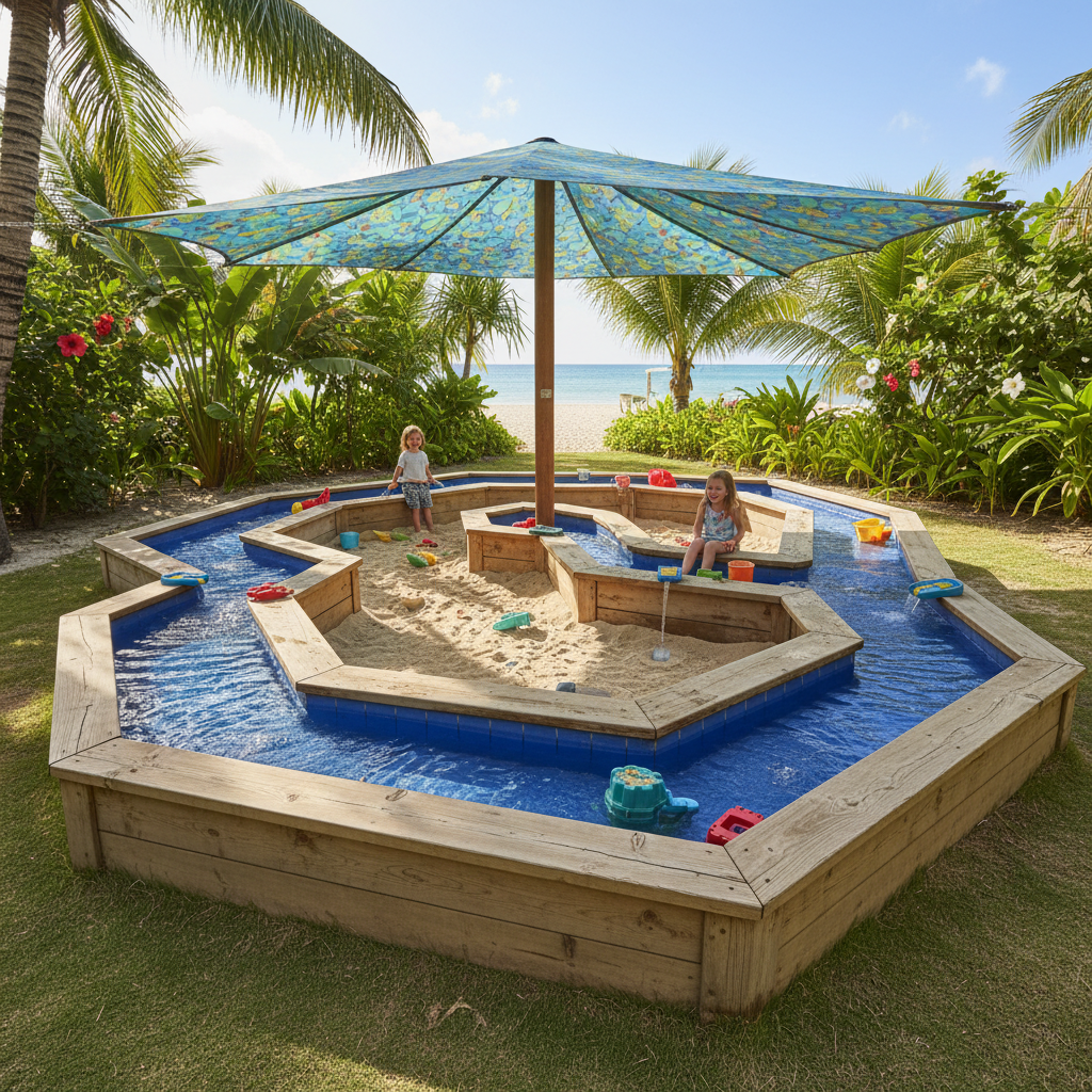 Large wooden sandpit with water play channels and sun shade in a bright tropical backyard