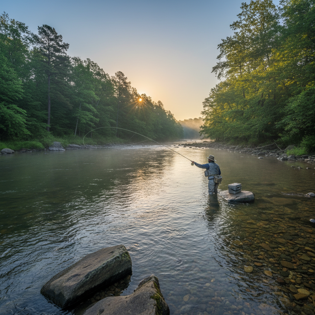 Scenic Little Red River with fly fisherman at dawn