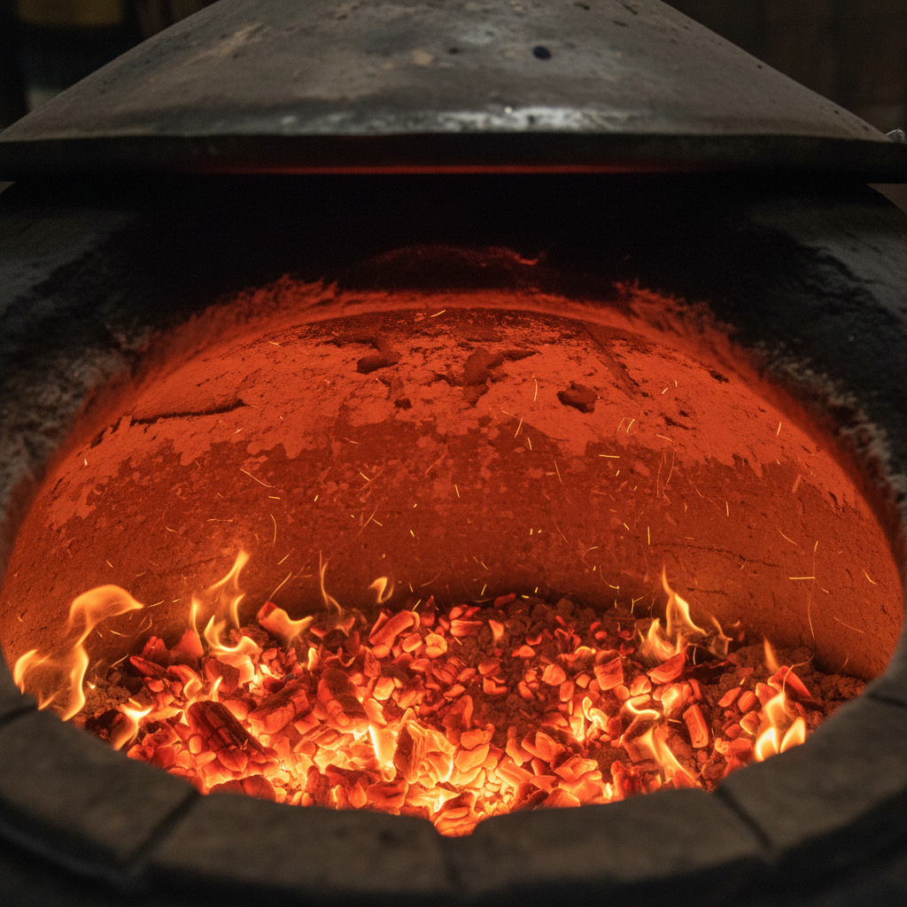 Tandoor oven with glowing orange coals and skewers, deep shadow dramatic kitchen lighting