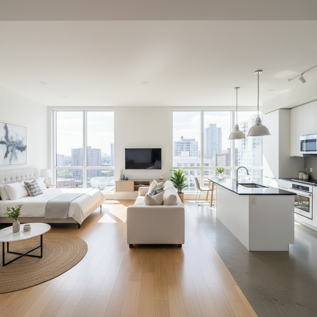 Luxury studio apartment with floor to ceiling windows and panoramic city views