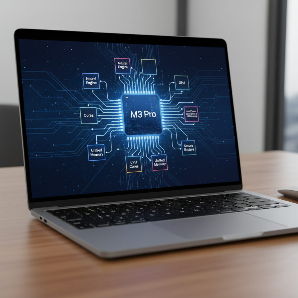 MacBook Pro with Apple Silicon chip diagram overlay showing architecture