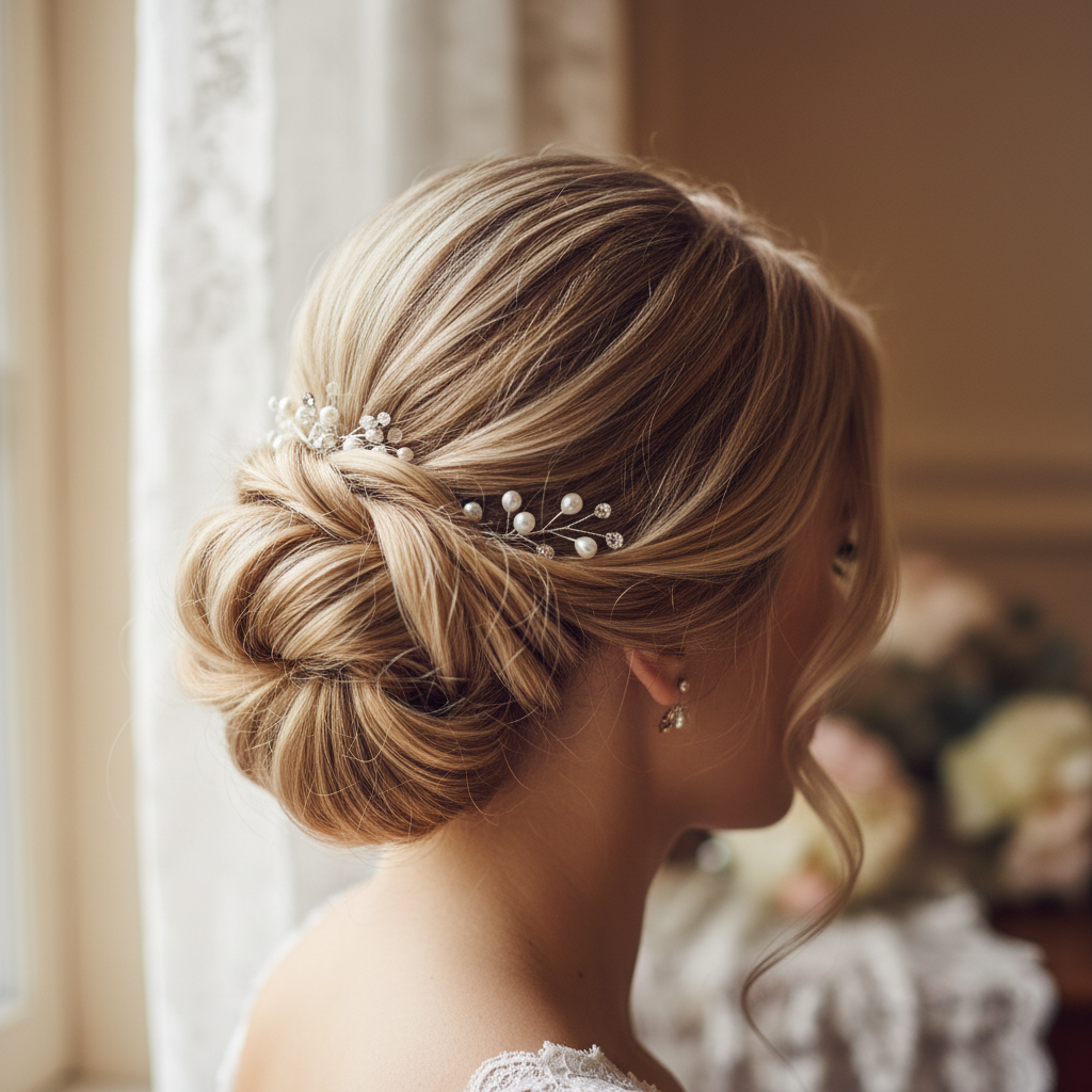 Elegant bridal hair styling with soft updo and face-framing pieces for Cosmopolitan bridal feature