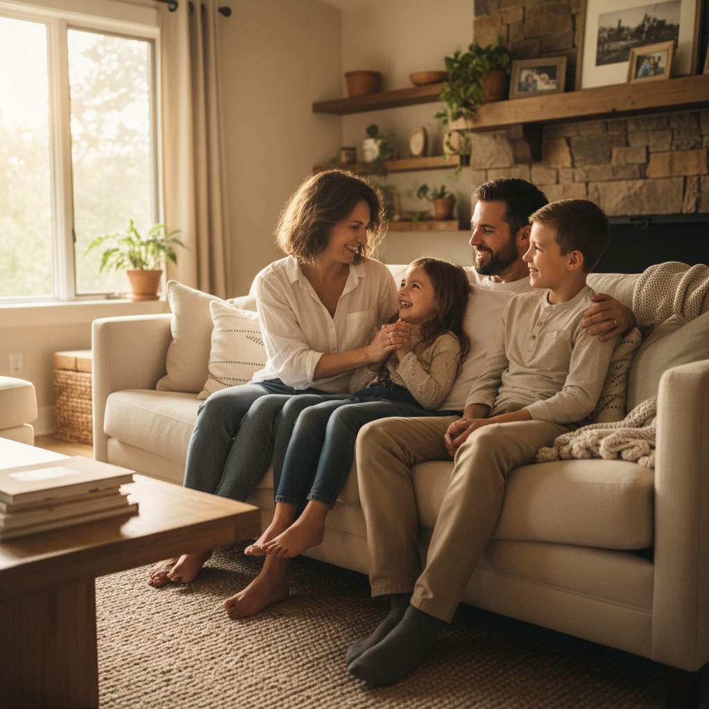 Famiglia felice in soggiorno con mobili antichi trattati e protetti da AntiTarlo