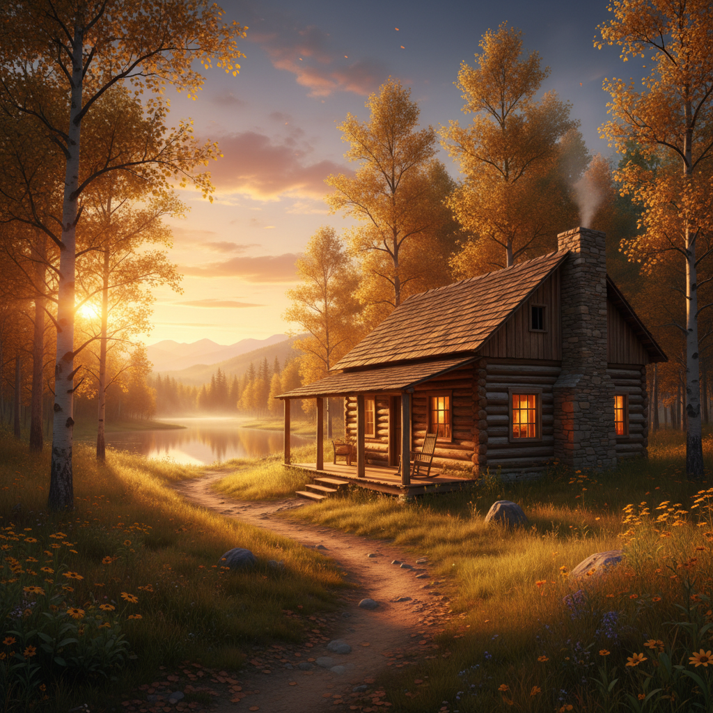 Professional photography of a log cabin at golden hour, warm light on hewn logs
