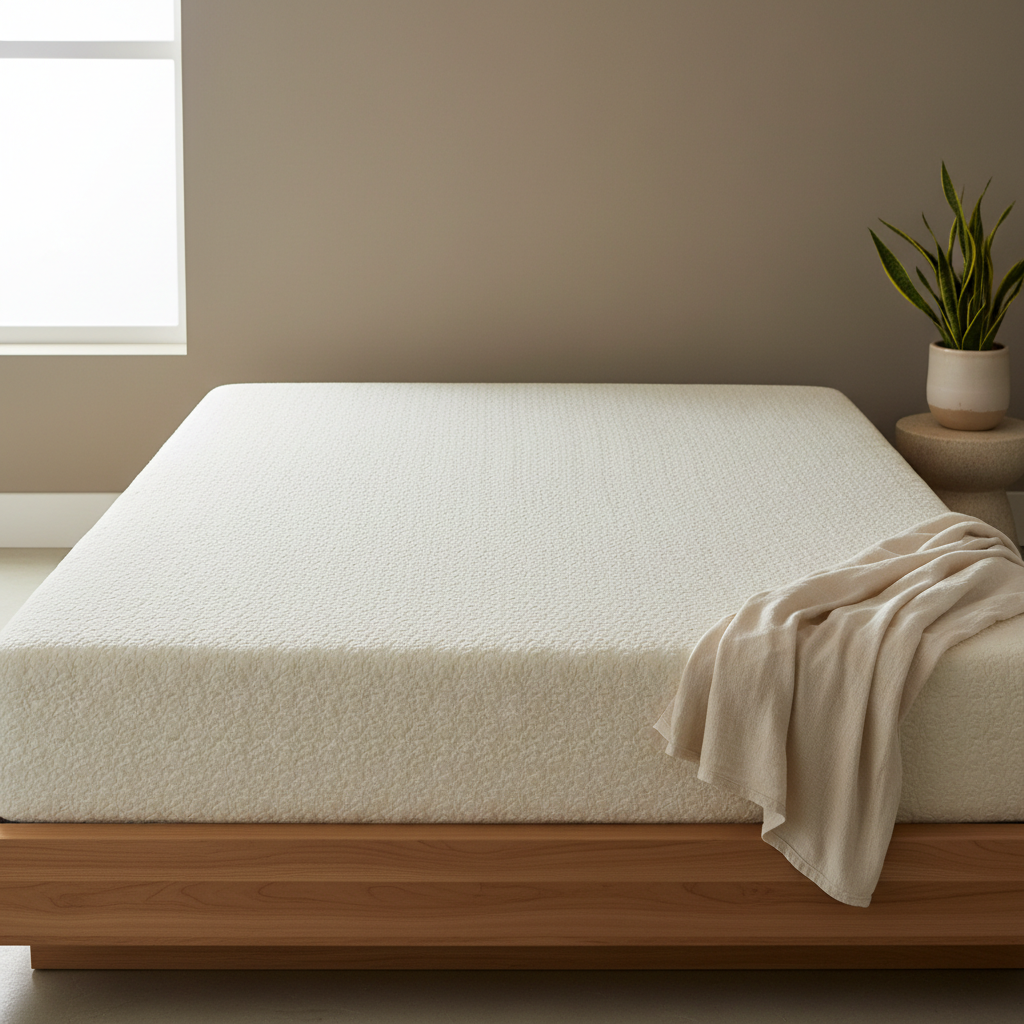 Zen-inspired minimalist bedroom with a natural hemp and cotton mattress on a simple wooden bed