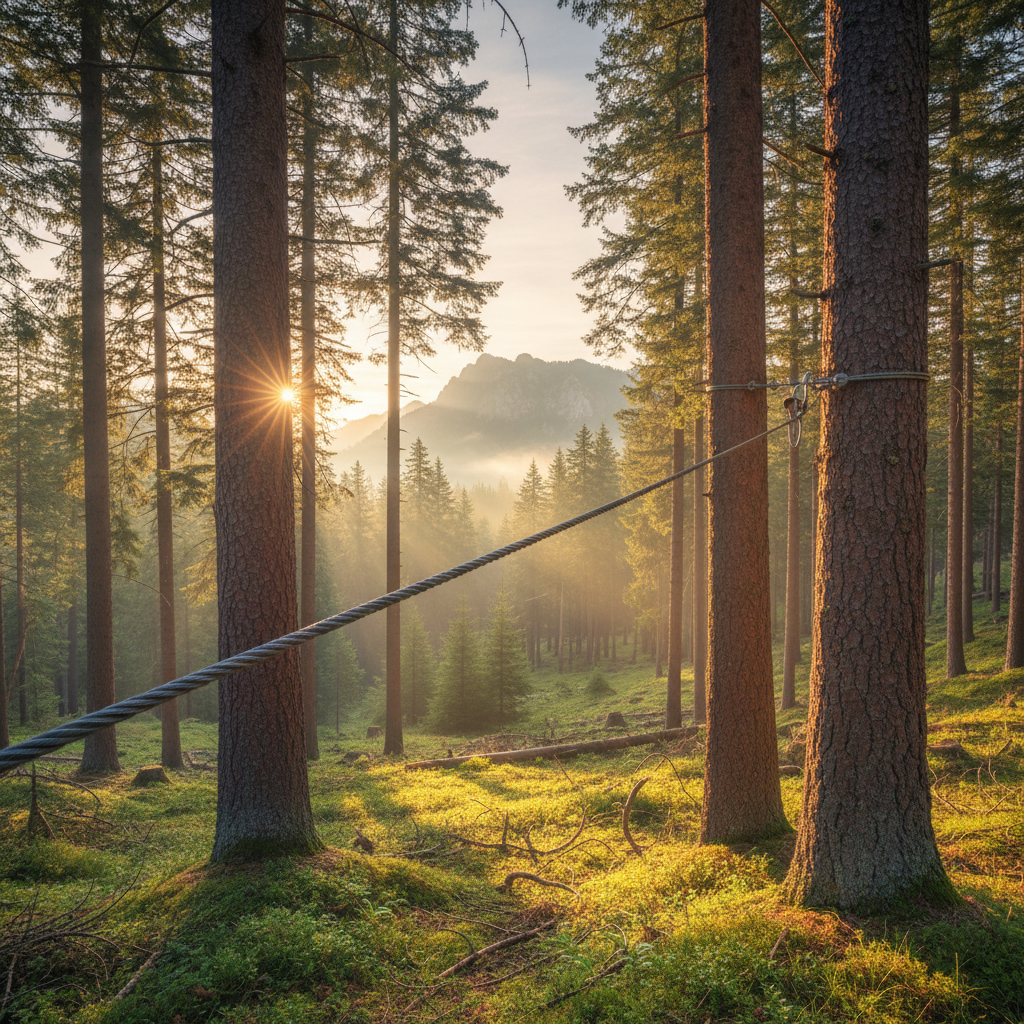 Mountain pine forest with steel cable zip line visible between trees at sunrise
